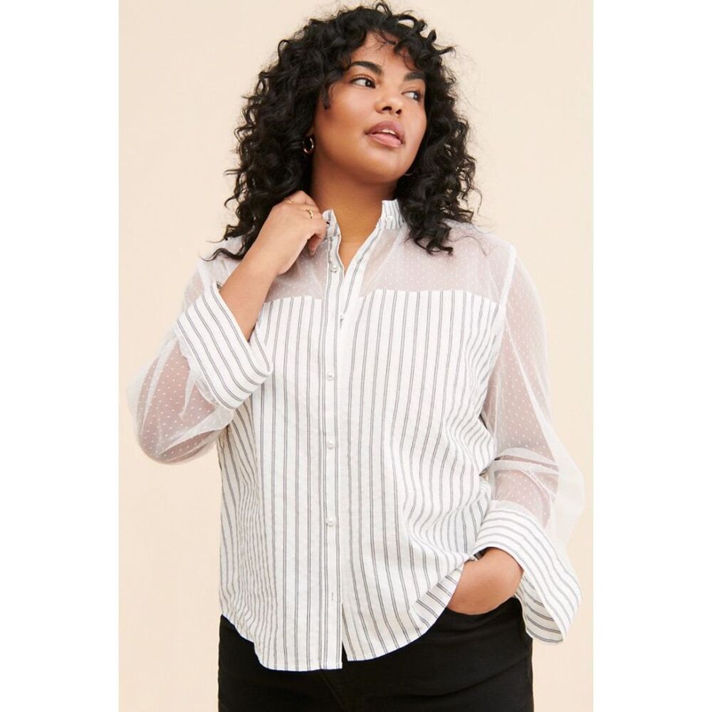 FRENCHMAUVE Womens Vivian Striped Sheer Sleeve Button Down Shirt White 1X